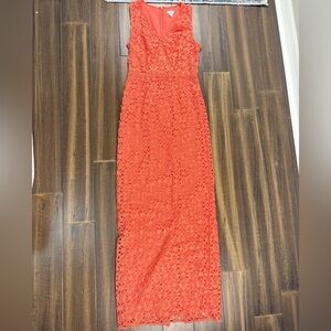 size S Orange Lace Dress Full Length Sleeveless Halter V Neck Fitted